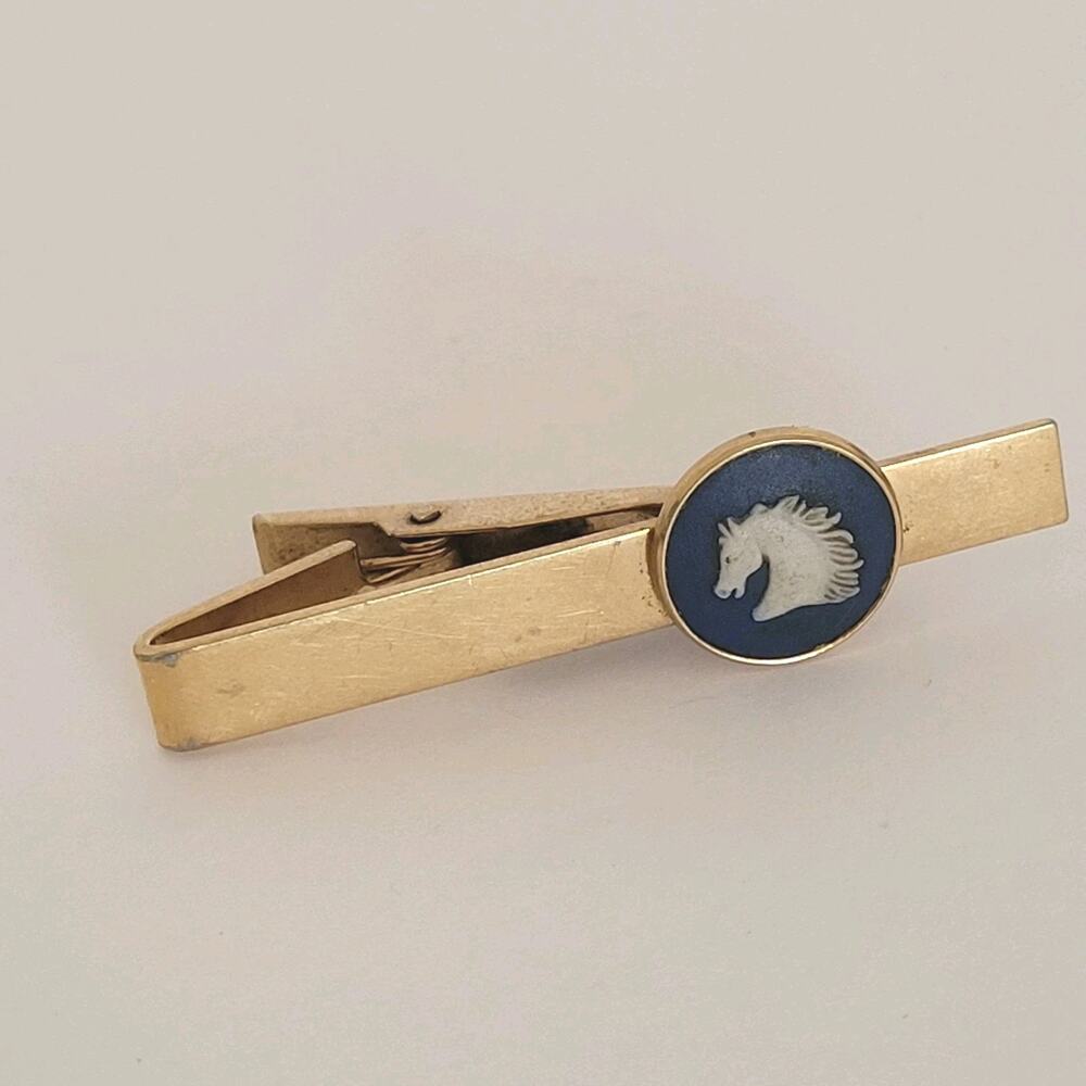 Wedgwood Gold Blue Tone Tie Bar Clip with Jasper Horse Head Cameo Vintage Retro